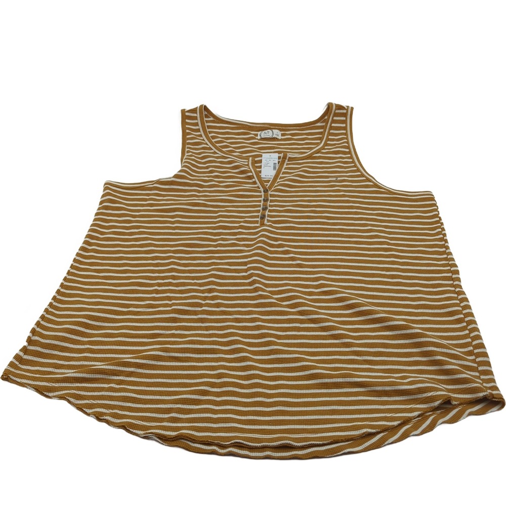 Maurices 24/7 Striped Waffle Knit Henley Tank Top Mustard White Size 2 NEW